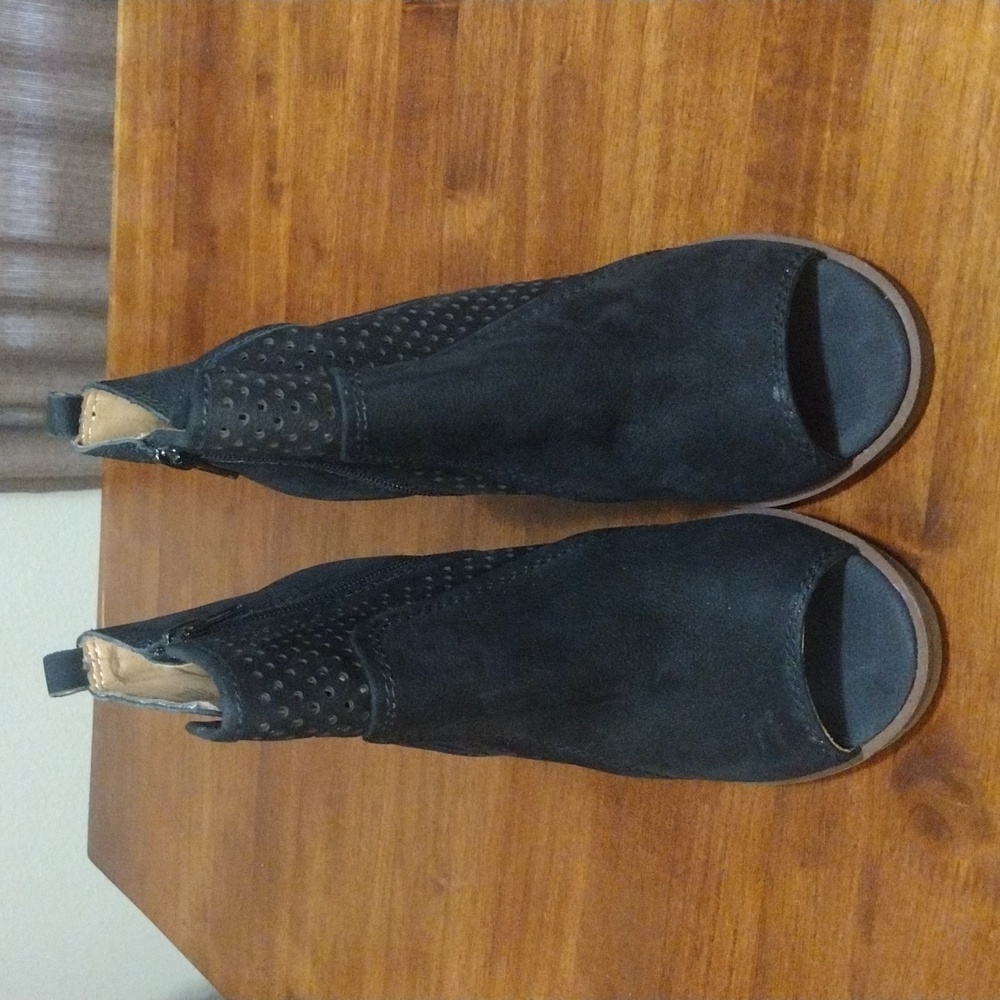 Black suede peep toe perforated boots